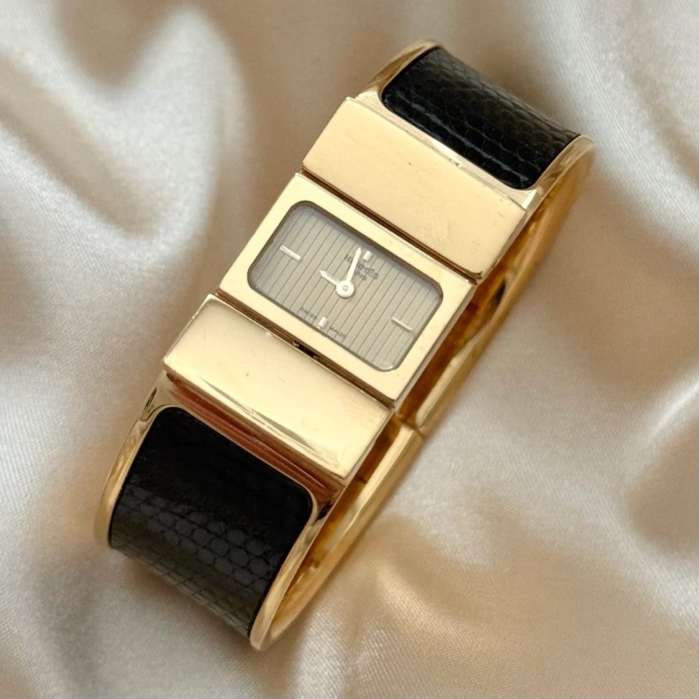 AUTHENTIC VINTAGE HERMES LOQUET BLACK LEATHER CUFF WATCH - WITH BOX - Picture 3 of 12